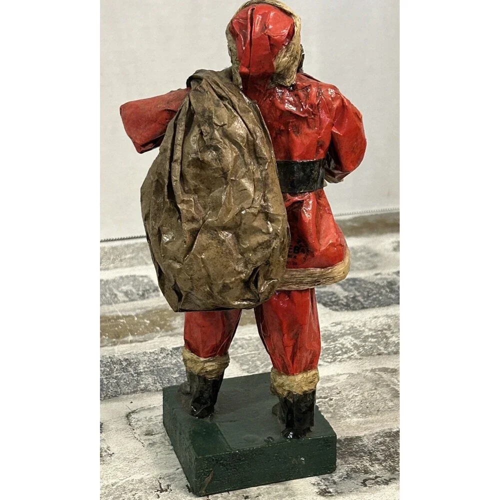 Vintage Folk Art Paper Mache’ Santa Claus Figurine Bell Bag Of Toys 8.5” High